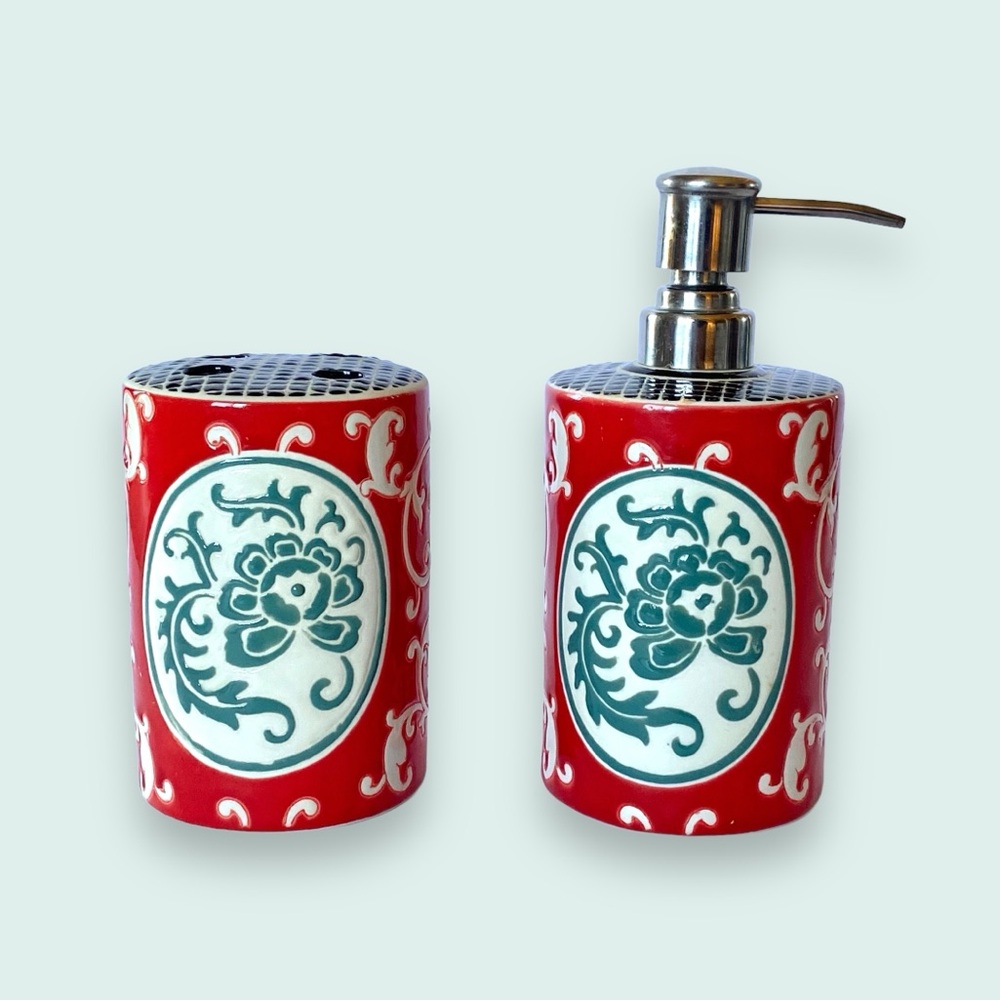 Pier 1 Ceramic Floral Toothbrush Holder & Soap Dispenser Red Turquoise